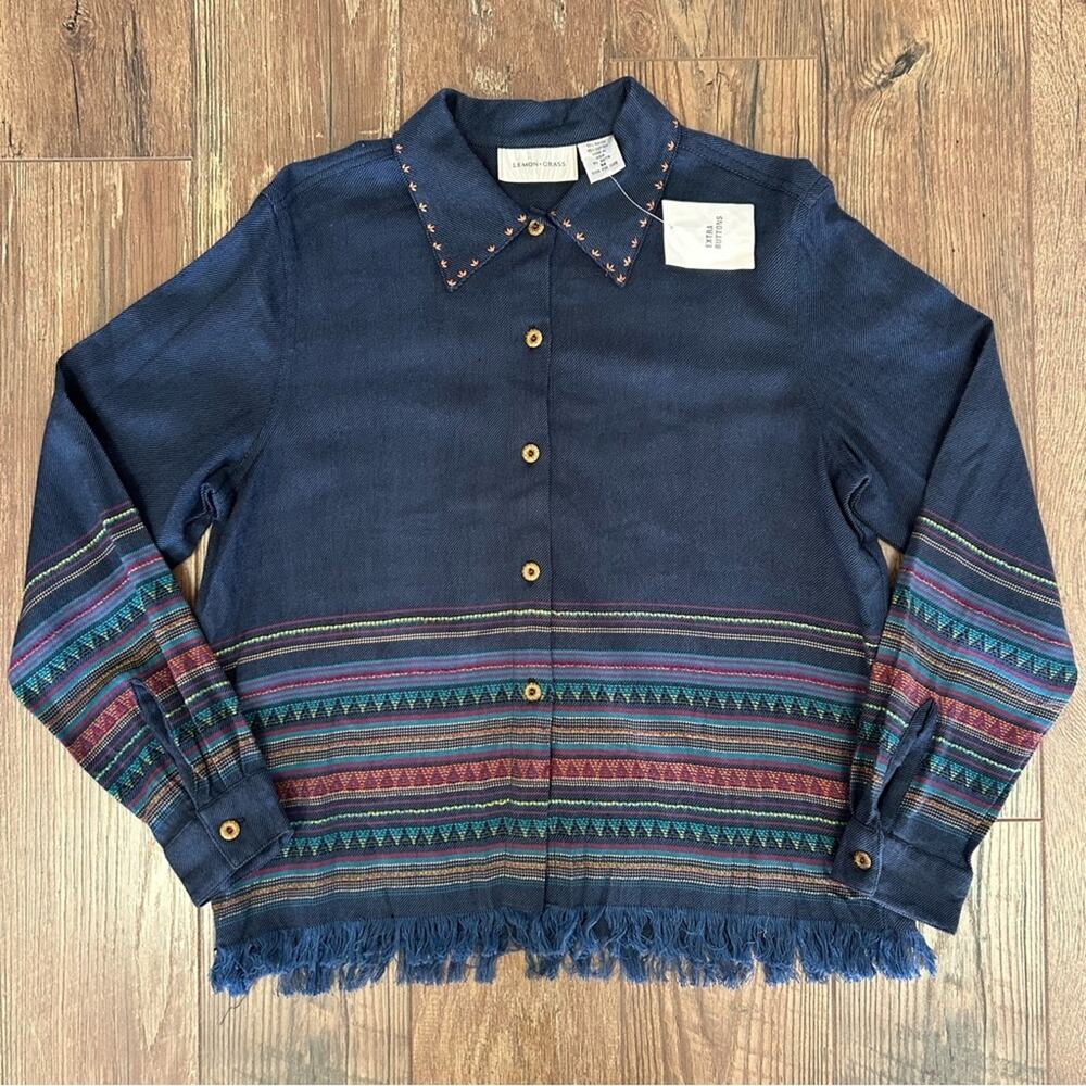 Lemon Grass Bohemian Button Down Shirt Fringed Hem Blue Medium